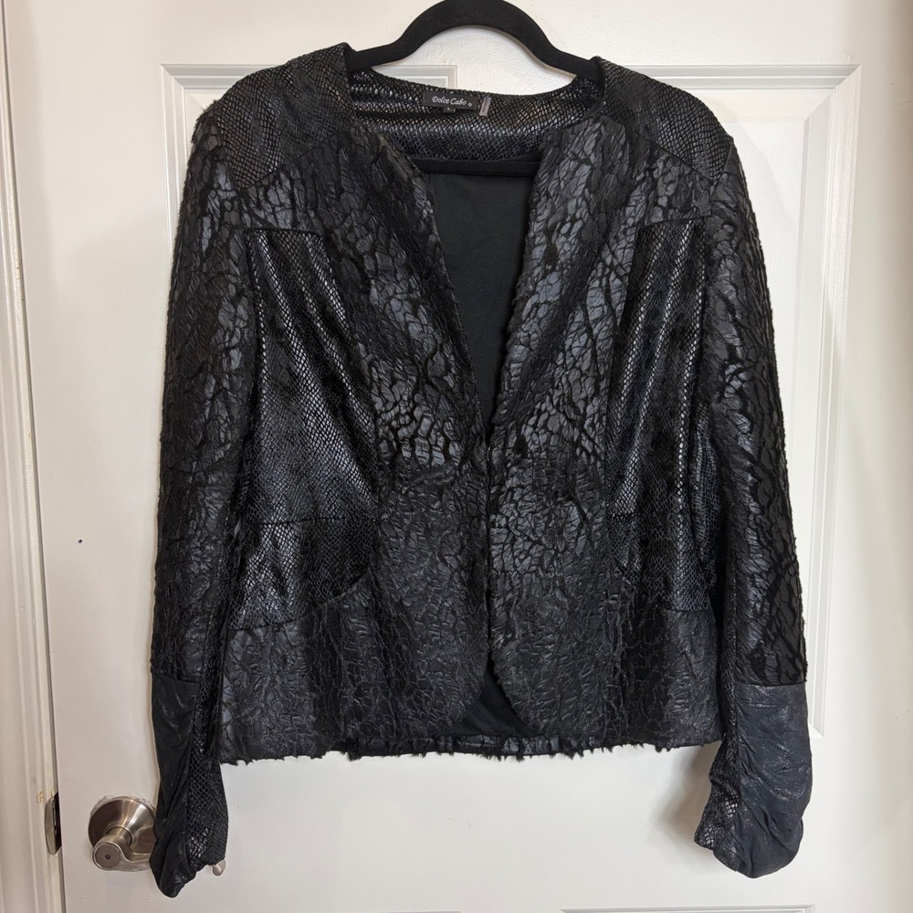 Dolce Cabo Black Mixed Media Faux Snakeskin Lace Mesh Open Front Jacket Large